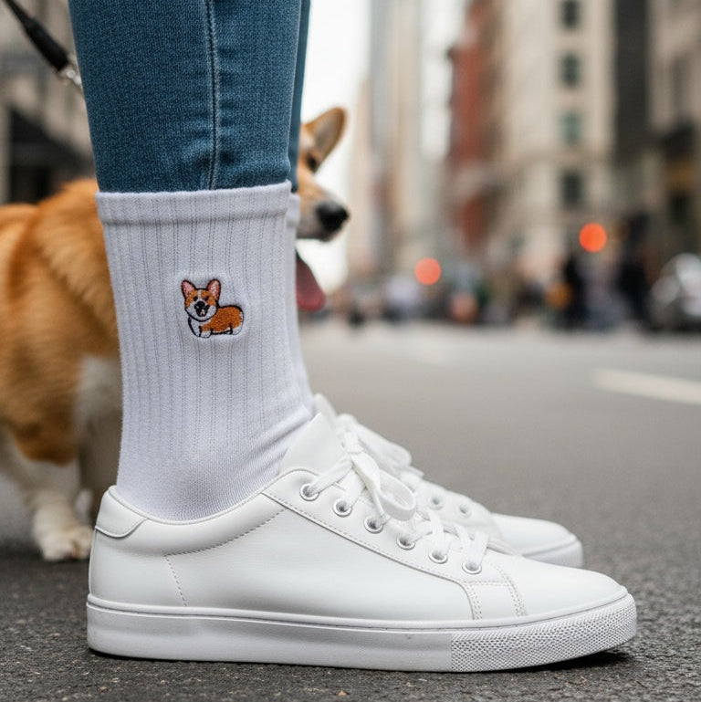 Person wearing white sneakers and socks with a dog in an urban setting