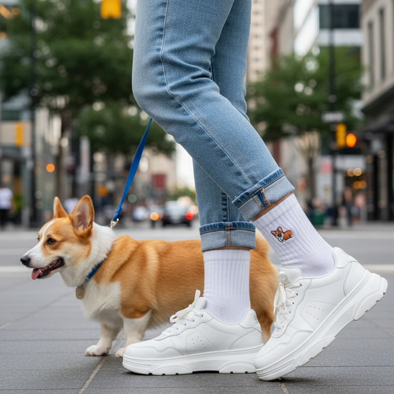 Person walking a dog on a city street wearing light blue jeans and white sneakers.