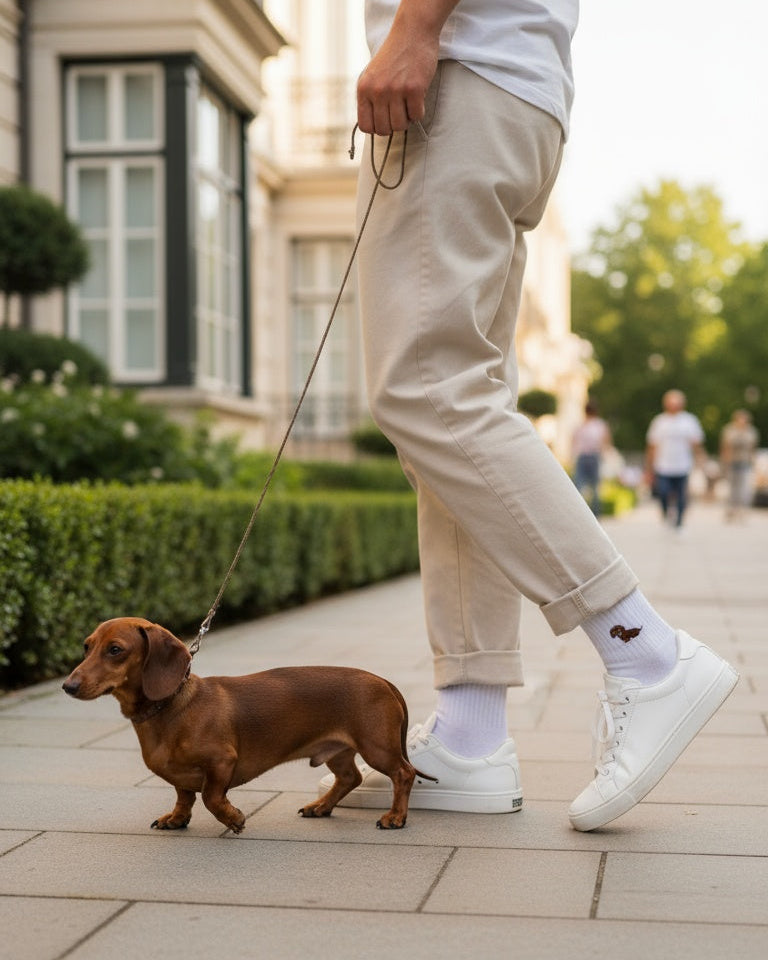 Person walking a small dog on a leash in an urban setting