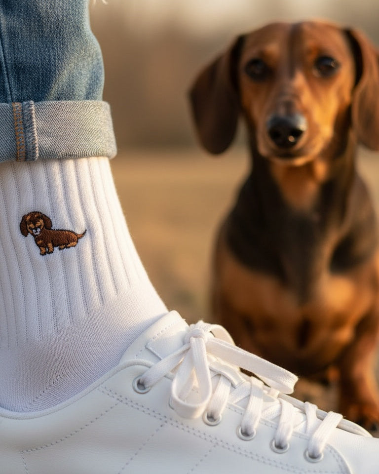 Person wearing white sneakers with a dachshund design, standing next to a dachshund dog.