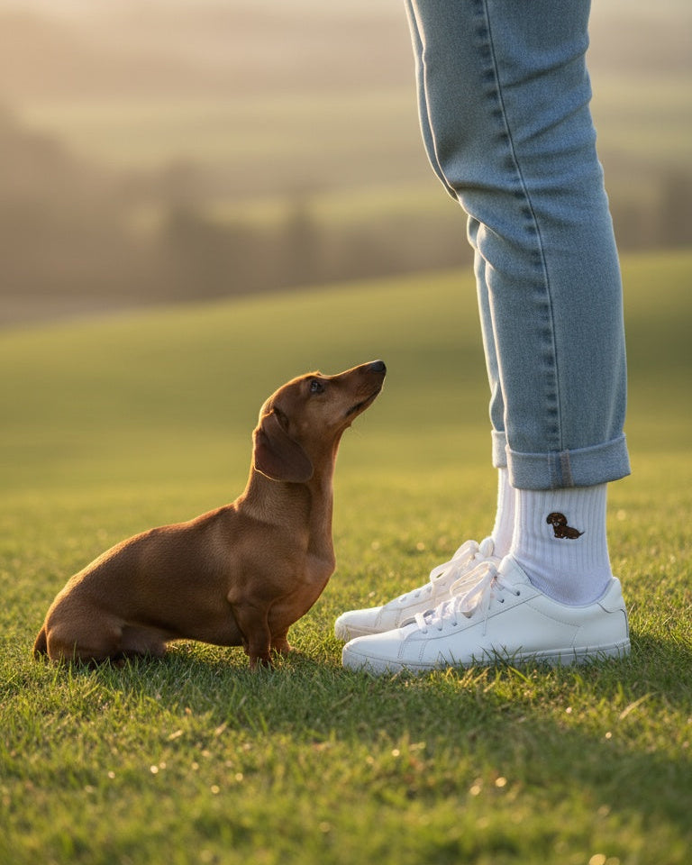 Person wearing white sneakers and blue jeans standing next to a small brown dog on grass.