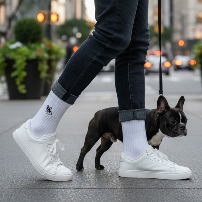 Person walking a dog on a city street with tall buildings in the background