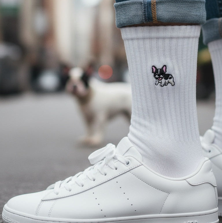 White sneakers and rolled-up jeans with a sock featuring a small logo on a blurred street background