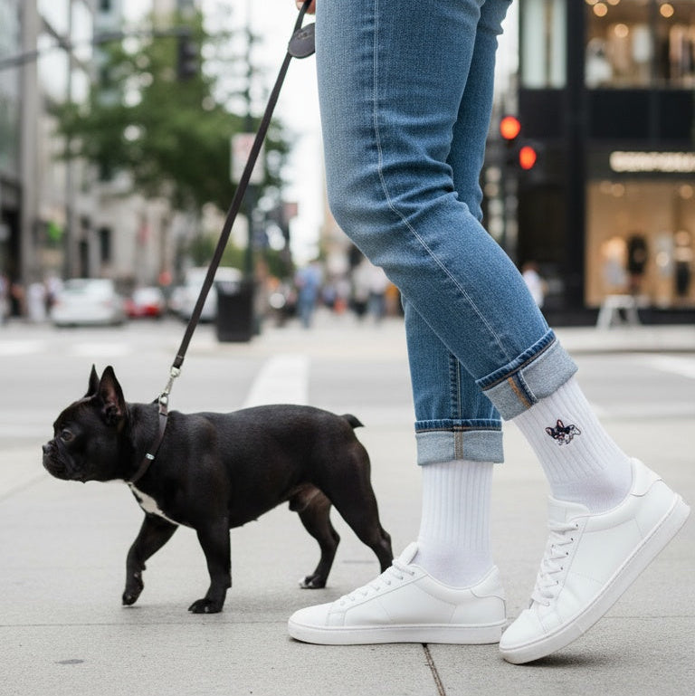 Person walking a black dog on a leash in an urban setting