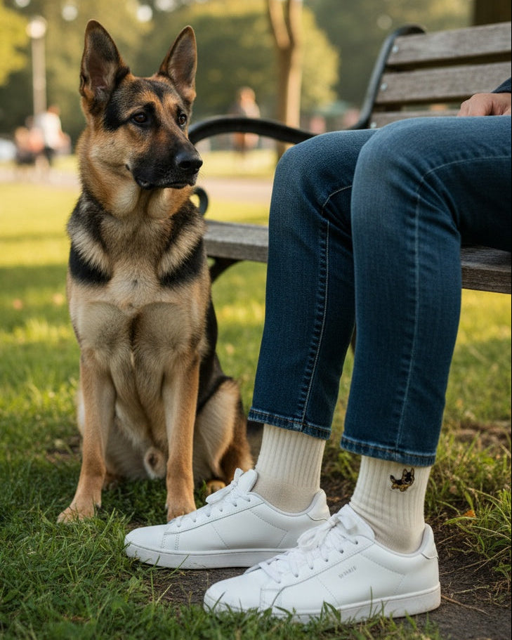 Person sitting on a park bench with a German Shepherd dog