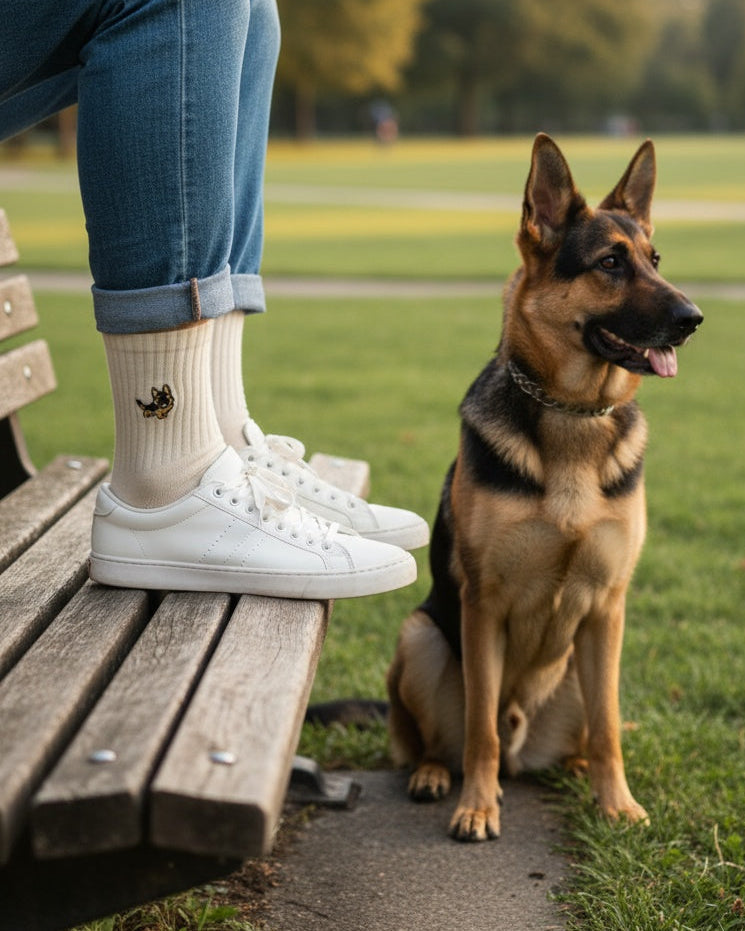 Person sitting on a bench with a German Shepherd dog in a park.