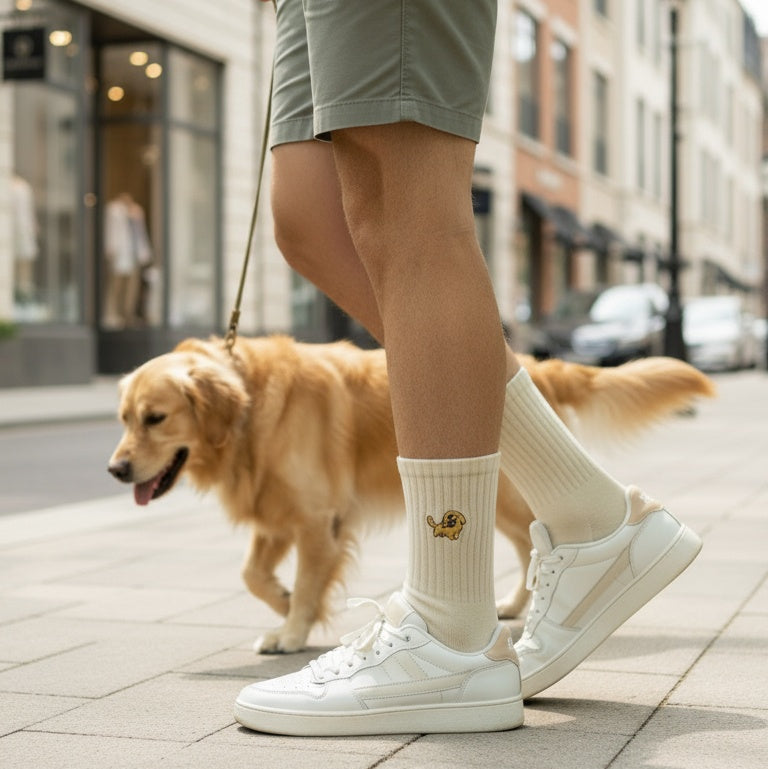 Person walking a dog on a city street, wearing white sneakers and green shorts.
