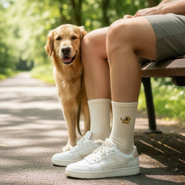 Person sitting on a bench with a dog on a path in a park