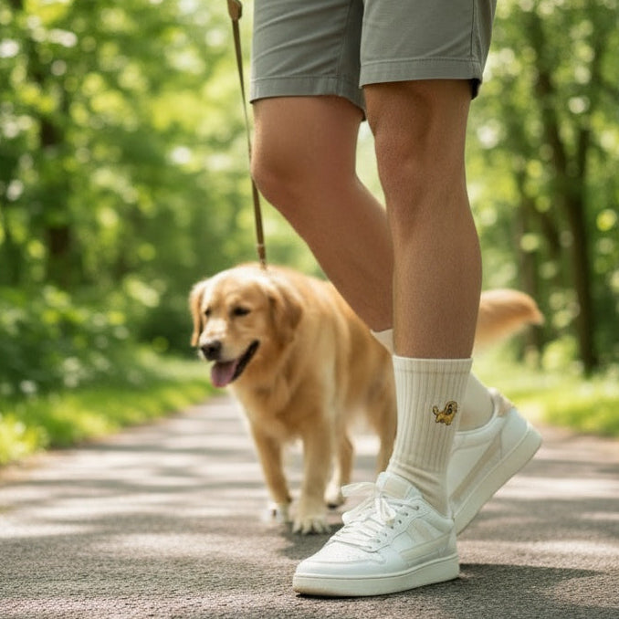 Person walking a dog on a leash in a park