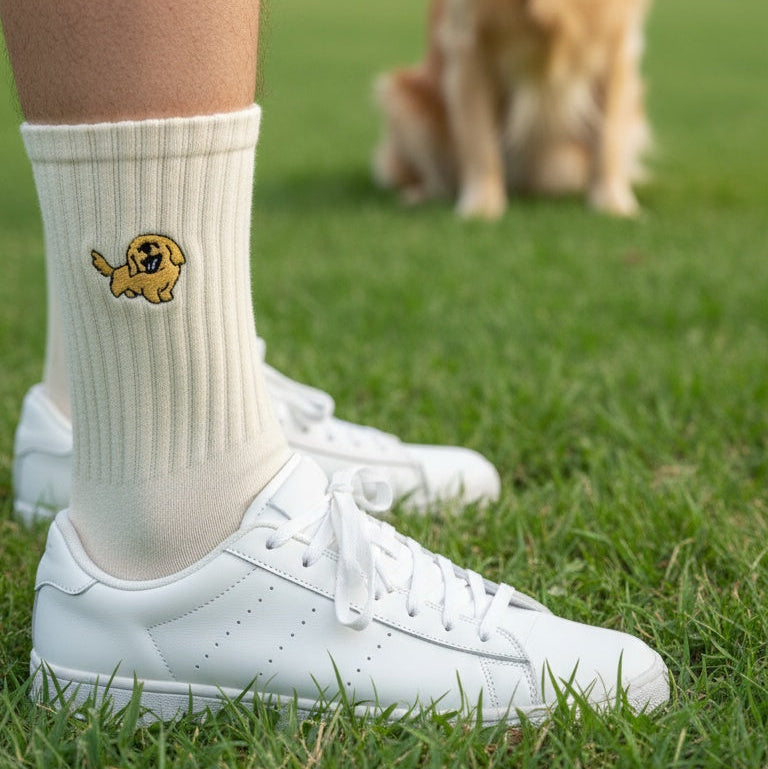 Person wearing white socks with a dog design and white sneakers standing on grass with a dog in the background.