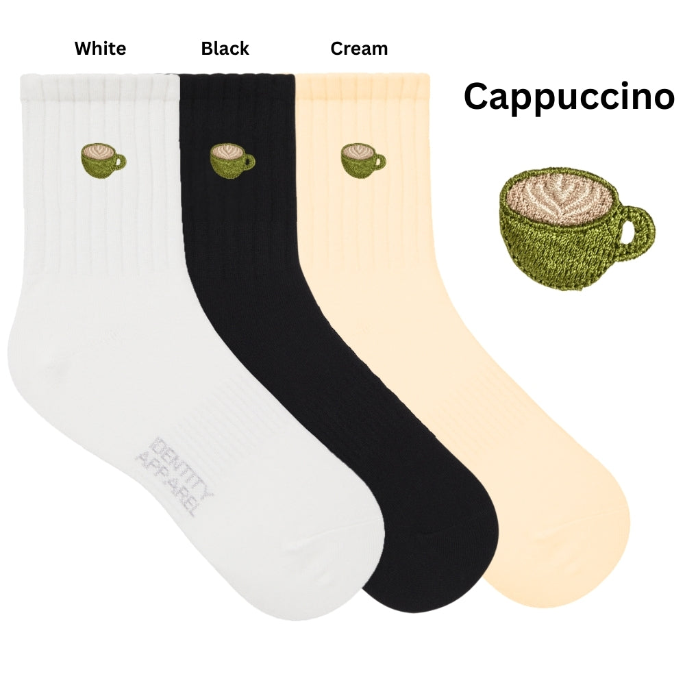 Caffeine Club Collection Cute Coffee Embroidered Basic Mid Cut Quarter Length Cotton Socks