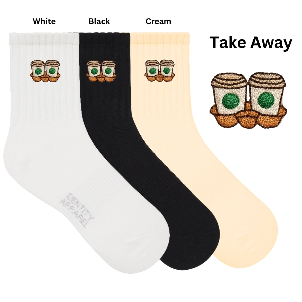 Caffeine Club Collection Cute Coffee Embroidered Basic Mid Cut Quarter Length Cotton Socks