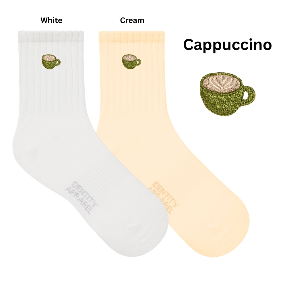 Caffeine Club Collection Cute Coffee Embroidered Basic Mid Cut Quarter Length Cotton Socks