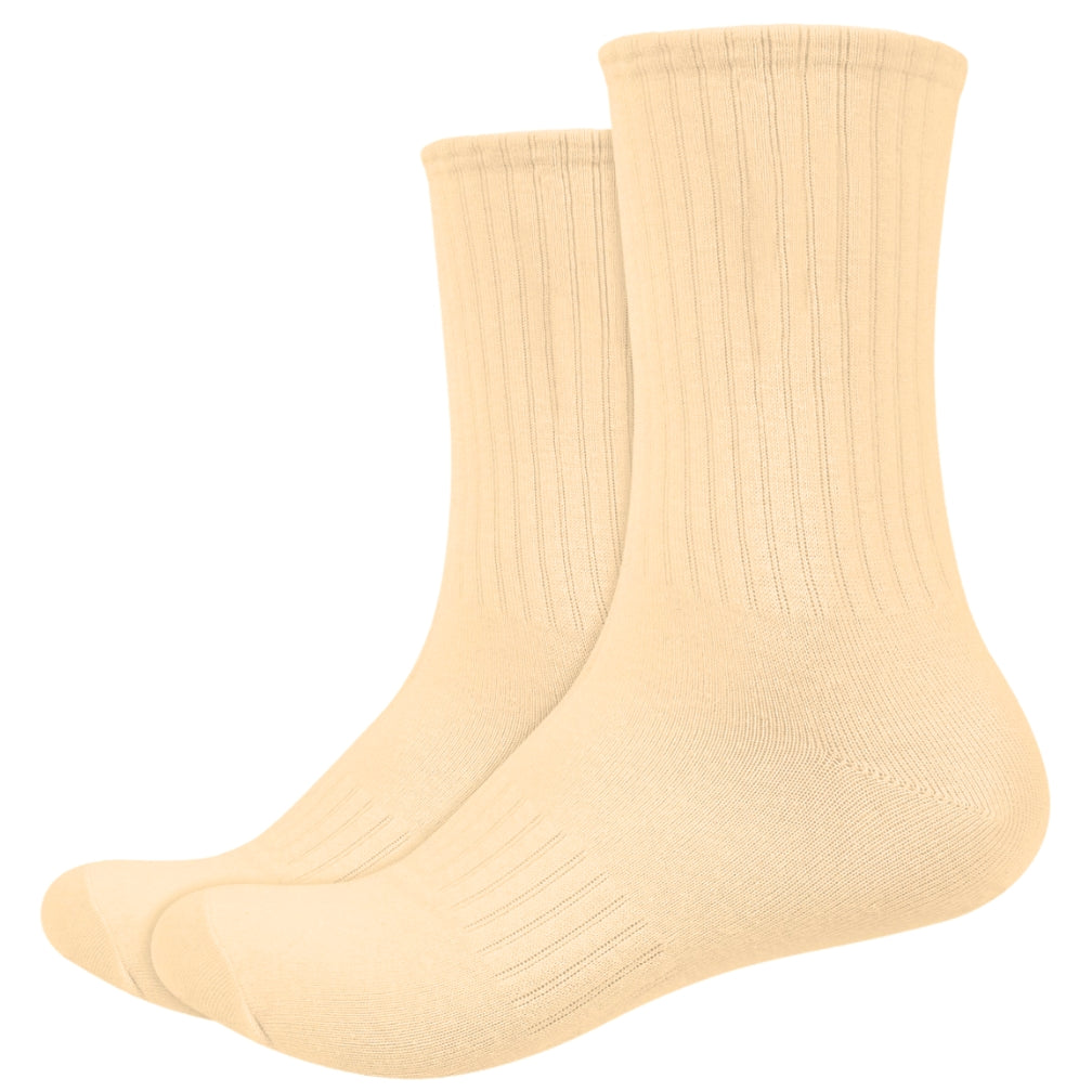 Basic Plain High Cut Crew Length Cotton Socks w/ Ribbed Leg and Foot Arch Support