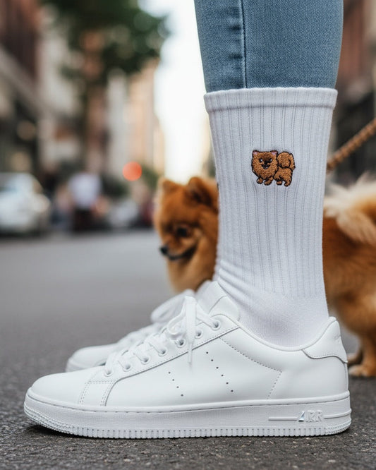 White sneakers with a dog design on a sock, blurred city street background