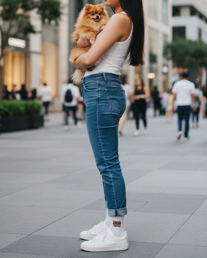 Woman holding a small dog in an urban setting