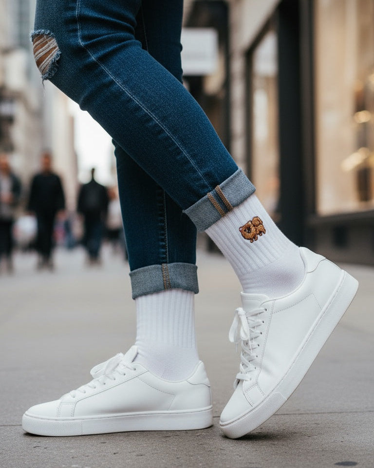 Person wearing blue jeans, white sneakers, and socks with a logo on a city street.