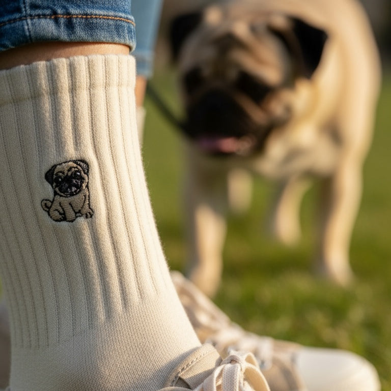 Person wearing a sock with a pug design and a dog in the background on grass