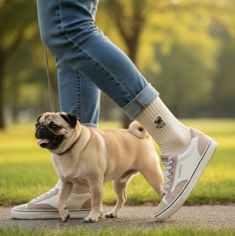 Person walking a pug dog on a leash in a park