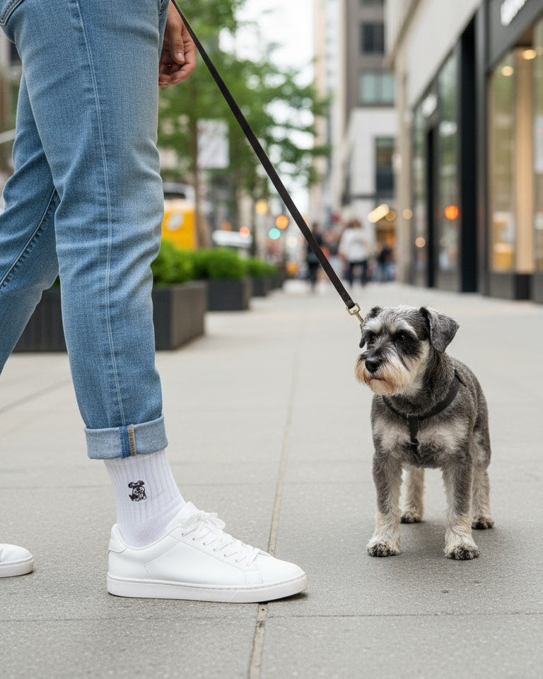 Person walking a dog on a leash in an urban setting