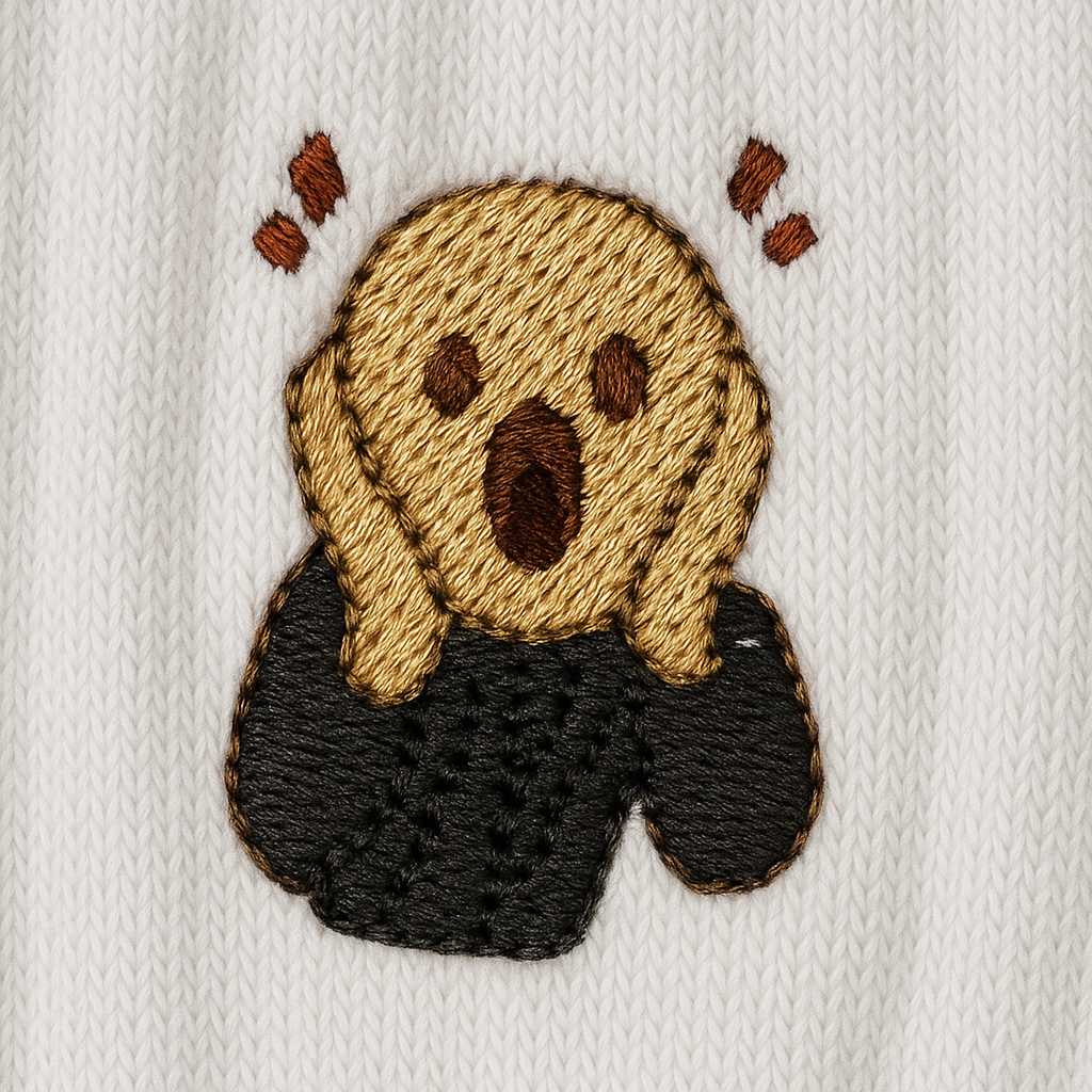 Embroidered screaming man design on a white fabric background