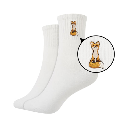 Women's Solid Crew Length Socks with Fox Embroidery