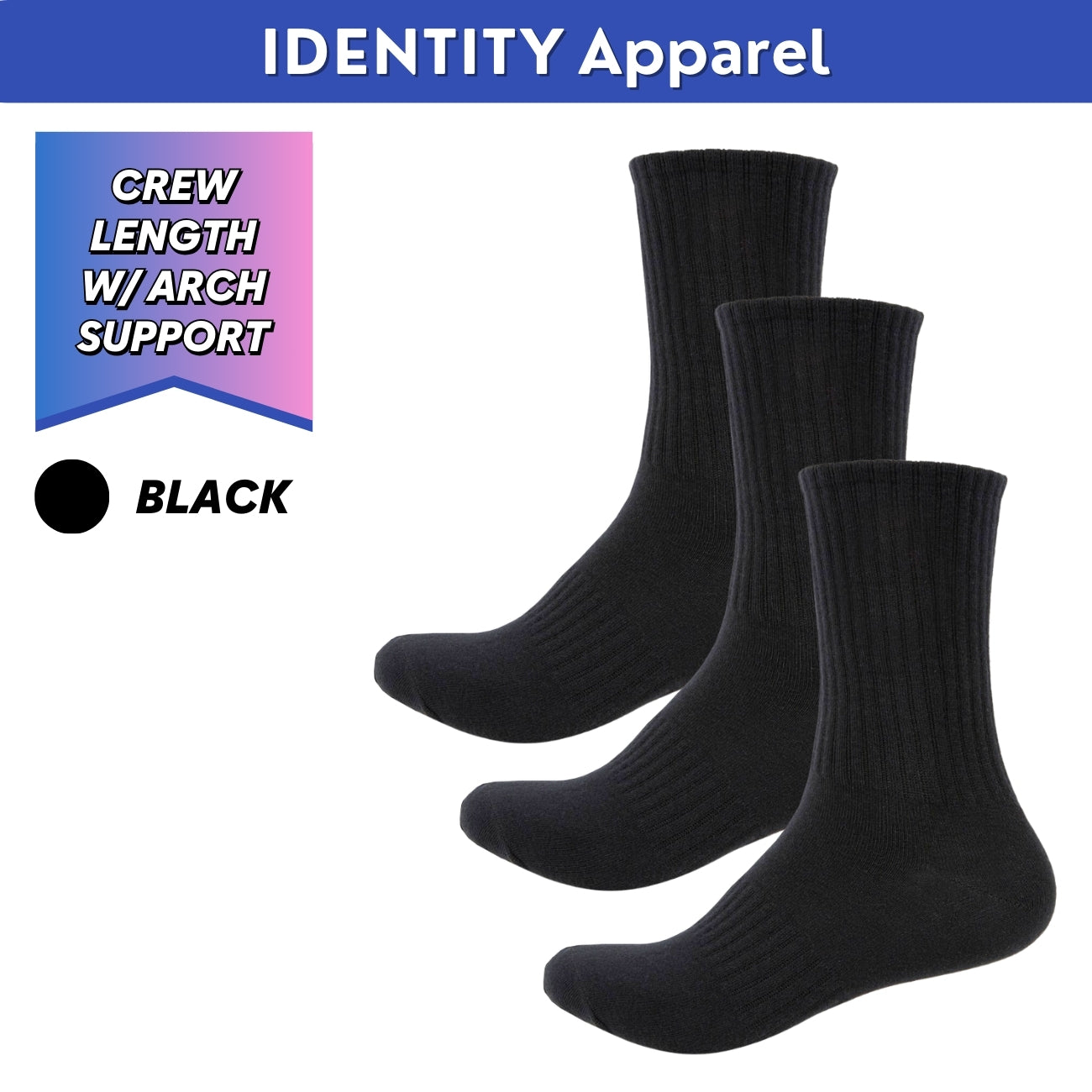 Mens Plain Stripe Basic Crew Length Cotton Socks with Arch Support