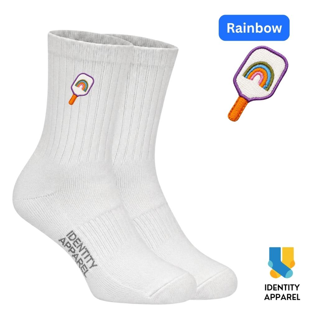 Rainbow pickleball embroidered cotton socks – White