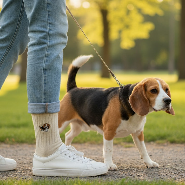 Person walking a dog on a leash in a park