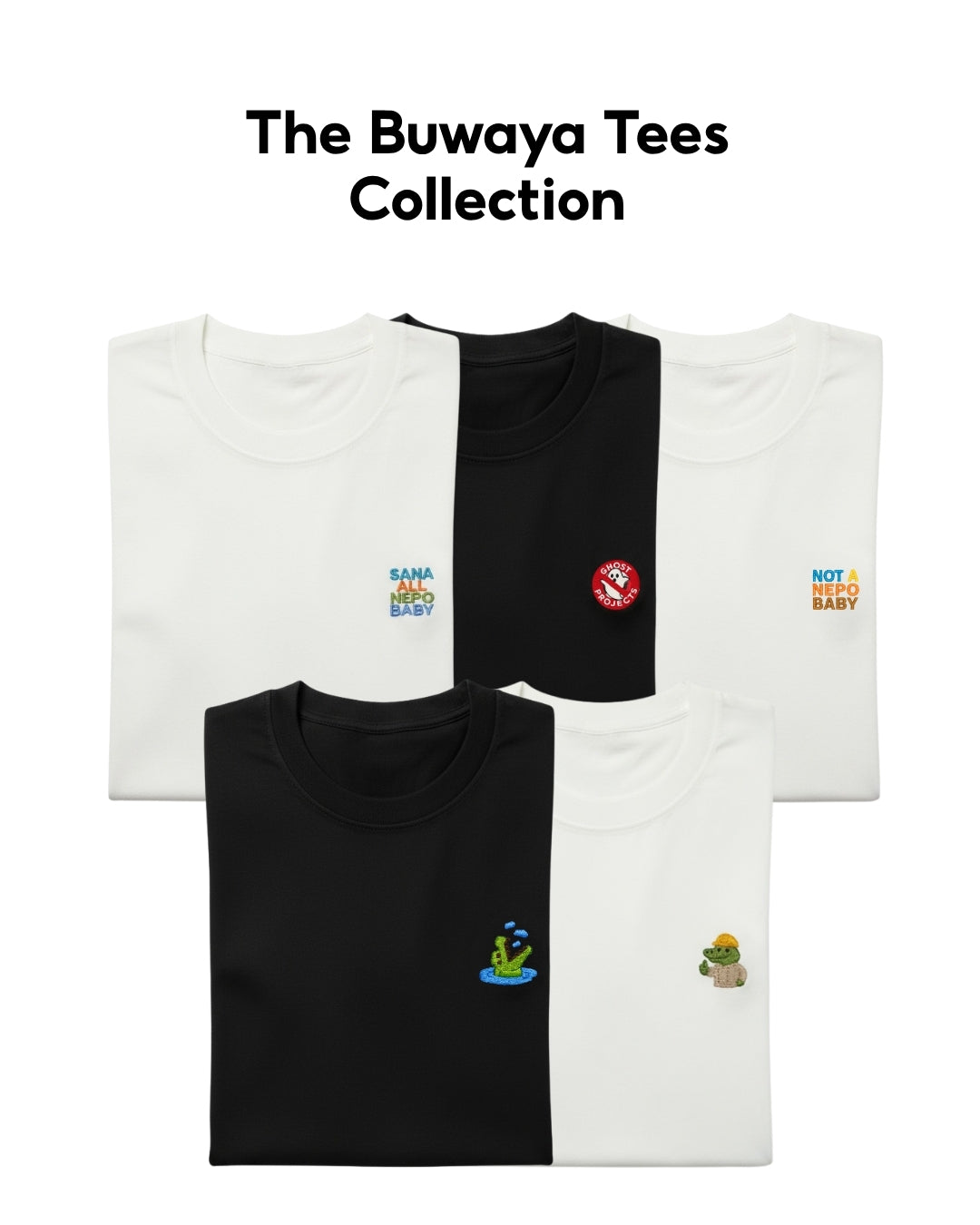 Black and white t-shirt with colorful graphics and text, part of The Buwaya Tees Collection.