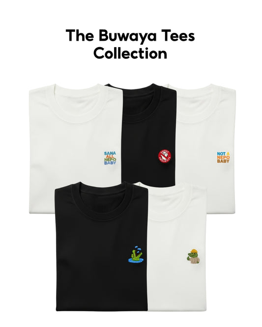 Black and white t-shirt with colorful graphics and text, part of The Buwaya Tees Collection.