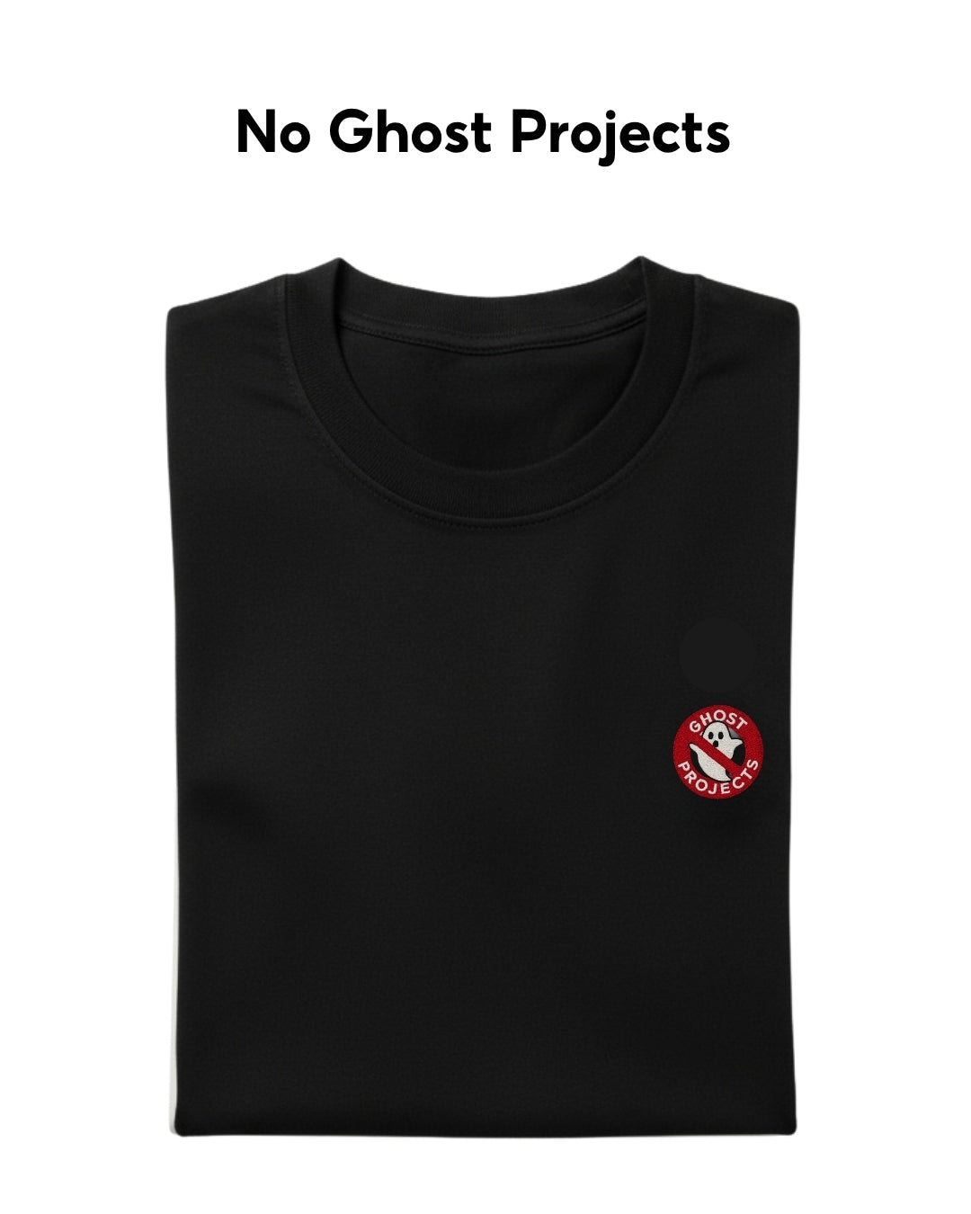 Black t-shirt with a red and white logo on a white background