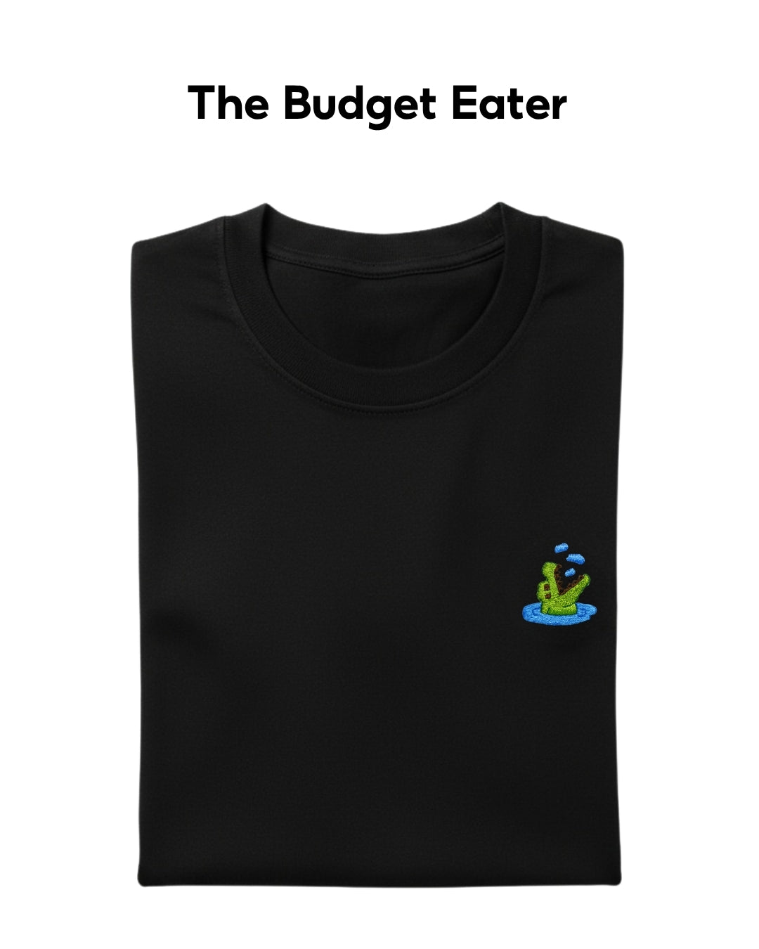 Black t-shirt with a small graphic on the chest against a white background