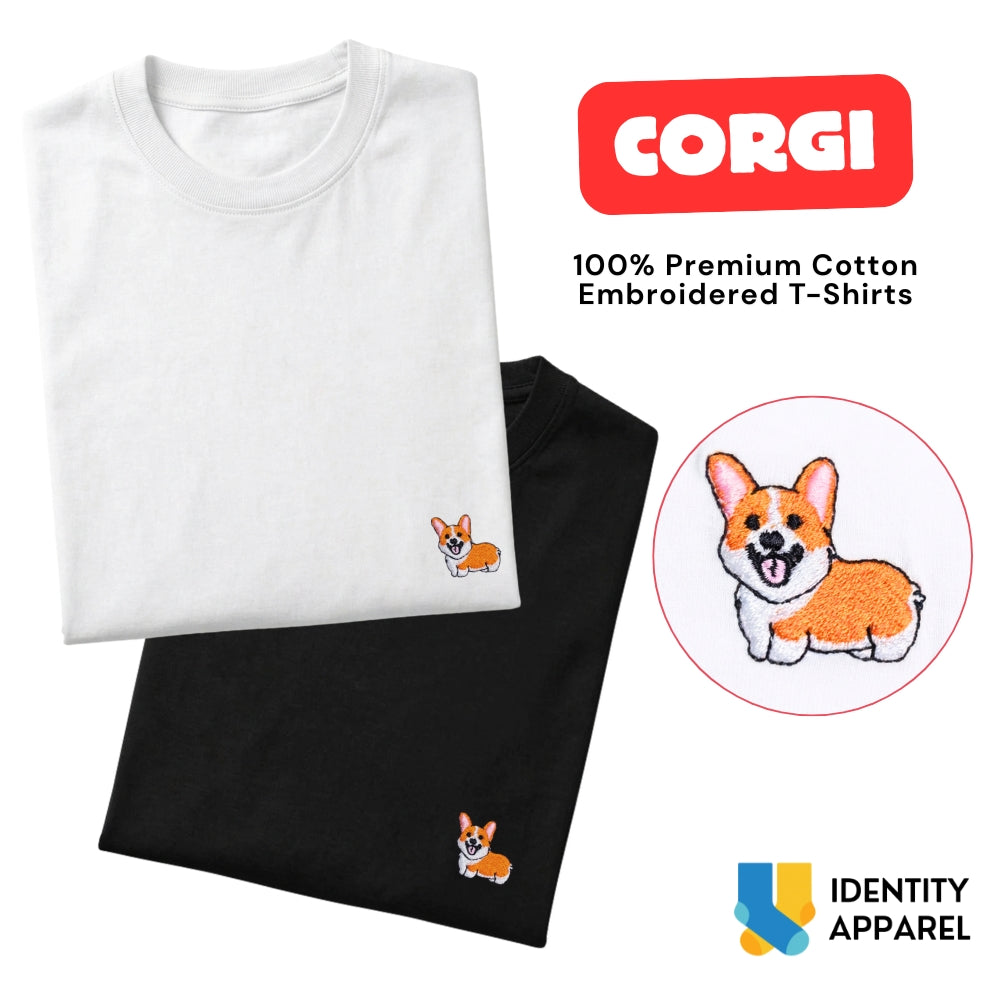 Corgi Embroidered Premium Cotton Plain T-Shirt