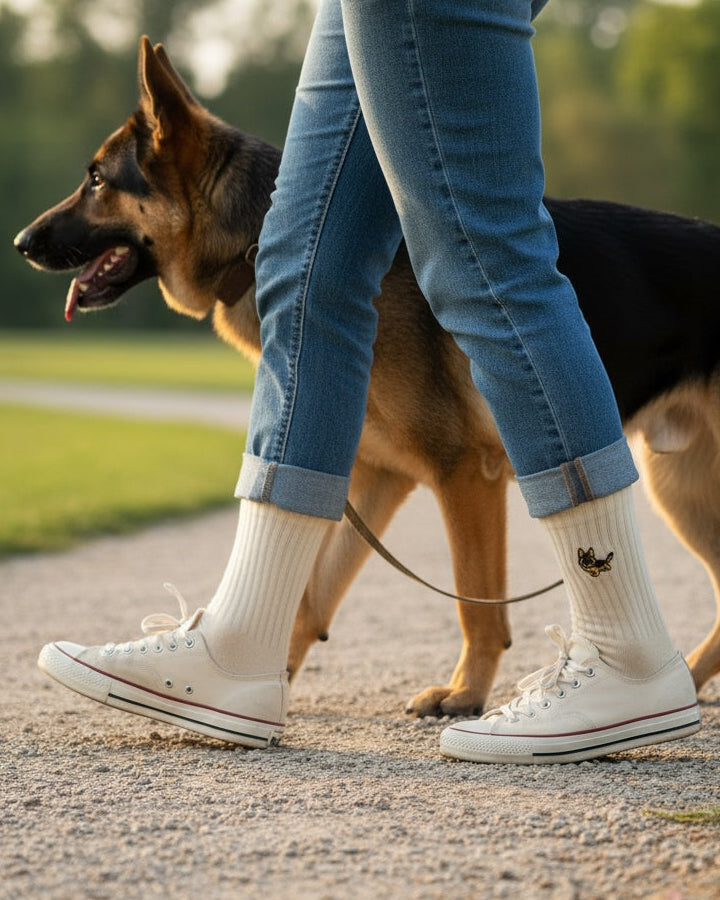 Person walking a German Shepherd dog on a leash in a park.