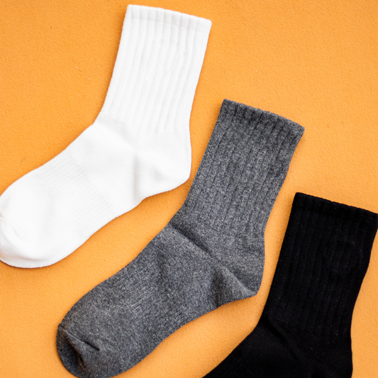 Basic Plain High Cut Crew Length Cotton Socks w/ Ribbed Leg and Foot Arch Support