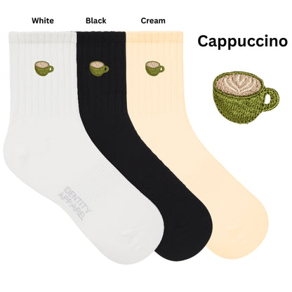 Caffeine Club Collection Cute Coffee Embroidered Basic Mid Cut Quarter Length Cotton Socks