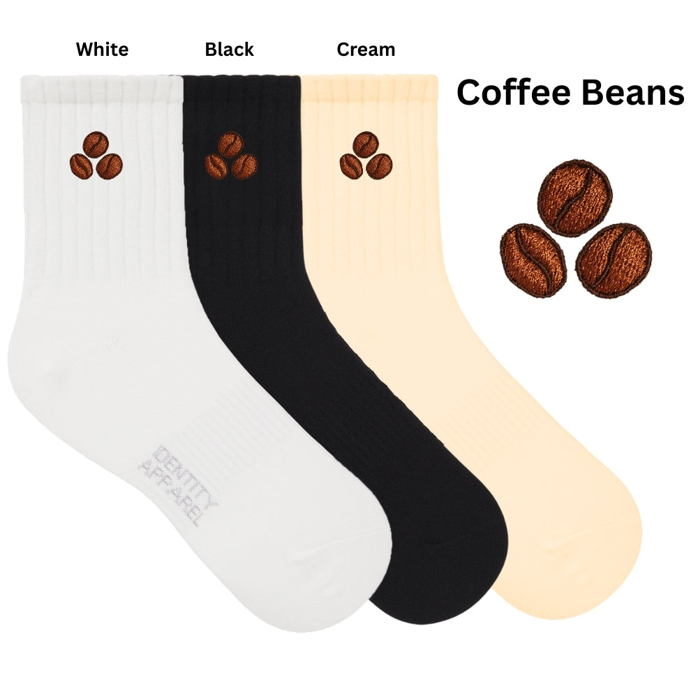 Caffeine Club Collection Cute Coffee Embroidered Basic Mid Cut Quarter Length Cotton Socks