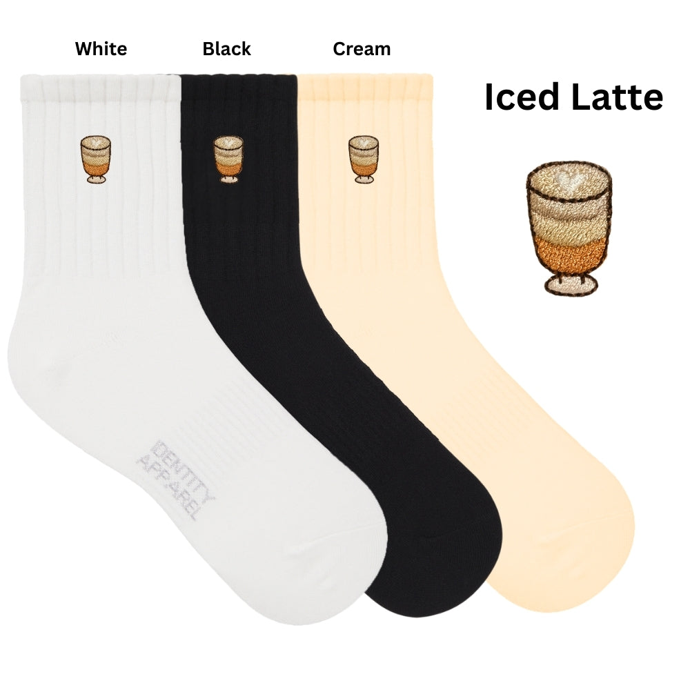 Caffeine Club Collection Cute Coffee Embroidered Basic Mid Cut Quarter Length Cotton Socks