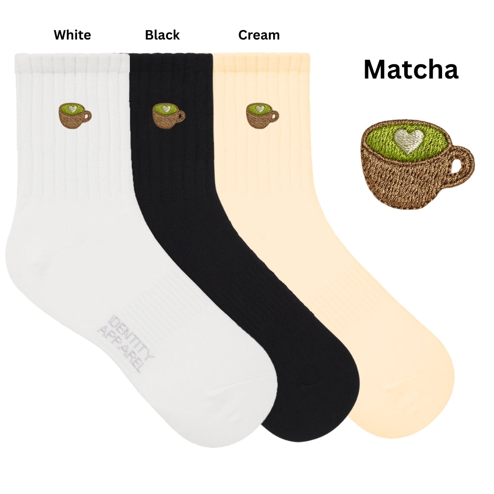 Caffeine Club Collection Cute Coffee Embroidered Basic Mid Cut Quarter Length Cotton Socks