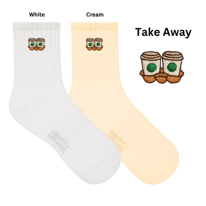 Caffeine Club Collection Cute Coffee Embroidered Basic Mid Cut Quarter Length Cotton Socks