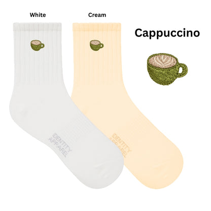 Caffeine Club Collection Cute Coffee Embroidered Basic Mid Cut Quarter Length Cotton Socks