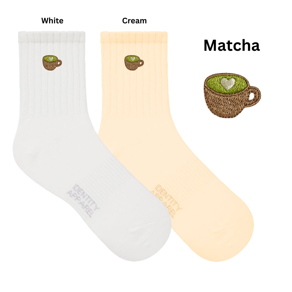 Caffeine Club Collection Cute Coffee Embroidered Basic Mid Cut Quarter Length Cotton Socks