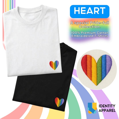 Rainbow Heart Embroidered Premium Cotton T-Shirt | Love Wins Collection