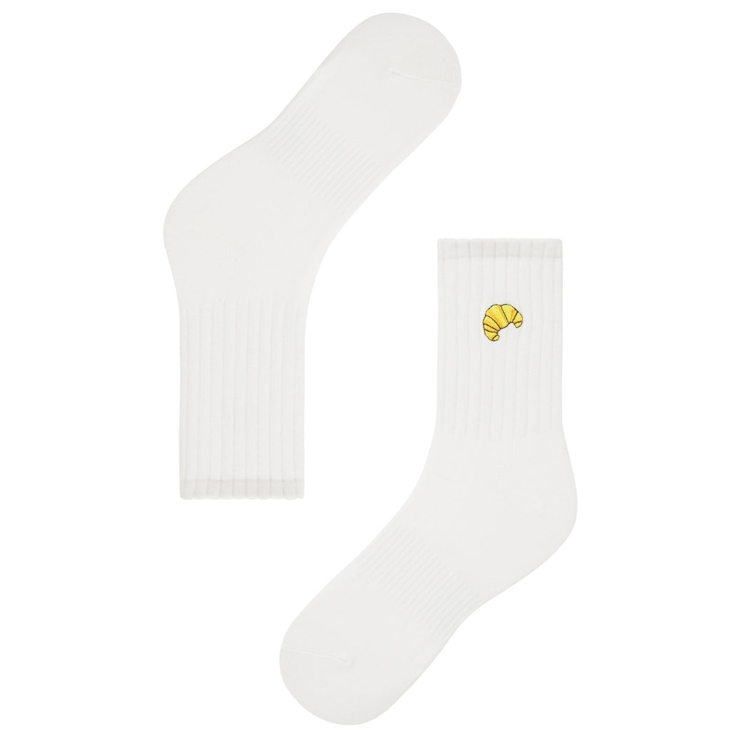 Basic Crew Socks with Croissant Embroidery