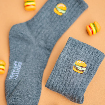Basic Crew Socks with Burger Embroidery