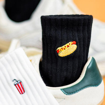 Basic Crew Socks with Hotdog Embroidery
