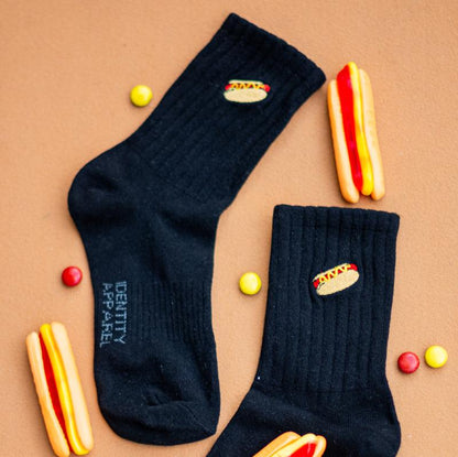 Basic Crew Socks with Hotdog Embroidery