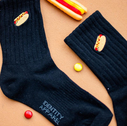 Basic Crew Socks with Hotdog Embroidery