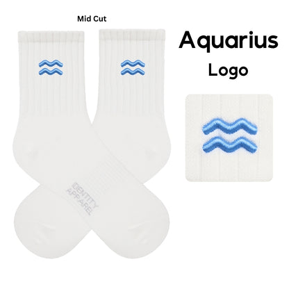 Star Signs Collection Cute Zodiacs Embroidered Basic Mid Cut Quarter Length Cotton Socks